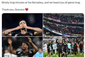 球天下体育-回击皇马！枪手官推：在伯纳乌漫长的90分钟里都听到了枪手的声音